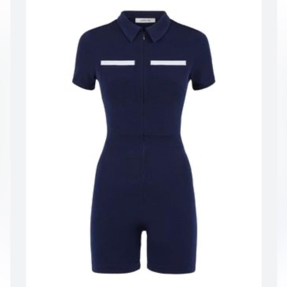 Peachy Den navy blue white jumpsuit romper fitted collared size XS